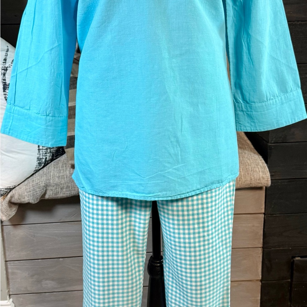 Chico's Turquoise Embroidered Blouse, Sleeveless Tunic and Gingham Pants Set - Picture 9 of 11